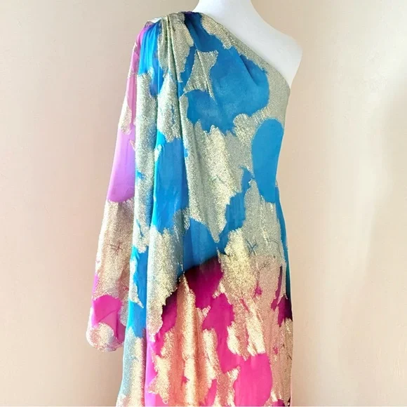 Halston Nisa Gown Printed Fil Coupe Fuschia Turquoise Gold One-Shoulder Dress 4 - Picture 8 of 16